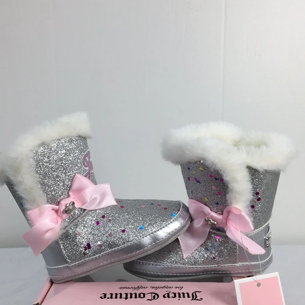 Juicy Couture Silver Glitter Sparkle Cerritos Boot Faux Fur Size 3m NEW In Box